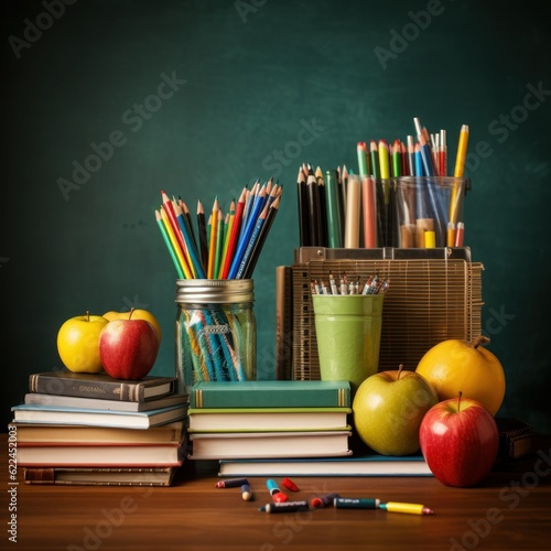 Stilllife illustration of a desk with school furnitures. Books crayons colored pencil. Generative AI.