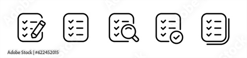 Checklist icon set in line style, Checkmarks, Magnifier, Pencil, Quality check simple black style symbol sign for apps and website, vector illustration.