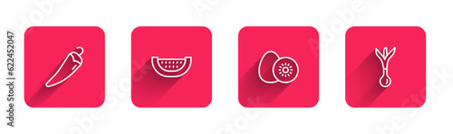 Set line Hot chili pepper, Watermelon, Kiwi fruit and Onion with long shadow. Red square button. Vector