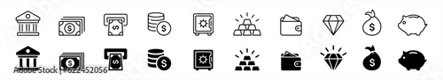 Finance icon set in line style. Business, money, Wallet with card, coins, Piggy bank simple black style symbol sign for apps and website, vector illustration.