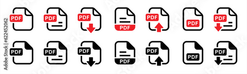 PDF file format icon set in line style. Format information, Document text, Pdf file download, simple black style symbol sign for apps and website, vector illustration.