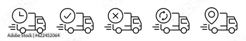 Delivery service icon set in line style. Logistic trucking, Express delivery trucks, Fast shipping truck, delivery 24 hours simple black style symbol sign for apps and website, vector illustration.