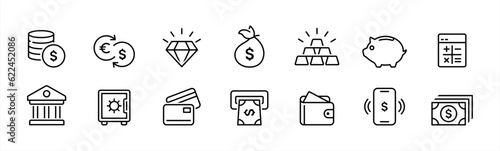 Finance icon set in line style. Business, money, Wallet with card, payment, coins, Piggy bank simple black style symbol sign for apps and website, vector illustration.