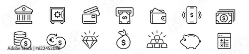 Finance icon set in line style. Business, money, Wallet with card, payment, coins, Piggy bank simple black style symbol sign for apps and website, vector illustration.