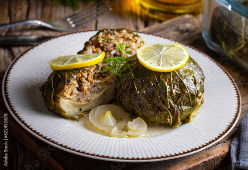 Traditional Turkish food; stuffed artichokes, stuffed artichokes. Turkish name; enginar canaginda sarma - dolma photo