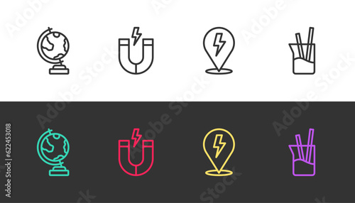 Set line Earth globe, Magnet, Lightning bolt and Laboratory glassware on black and white. Vector