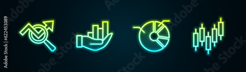 Set line Search data analysis, Pie chart infographic, and Browser with stocks market. Glowing neon icon. Vector