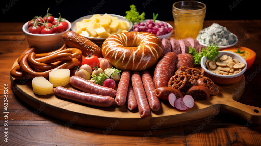A delicious assortment of traditional Bavarian food, including pretzels, sausages, and sauerkraut, enticing festival-goers Generative AI A delicious assortment of traditional Bavarian food, including pretzels, sausages, and sauerkraut, enticing festival-goers Generative AI