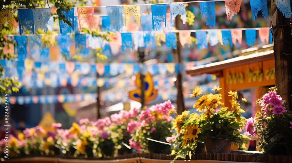 A vibrant display of Oktoberfest-themed decorations, including colorful bunting, flowers, and traditional symbols Generative AI