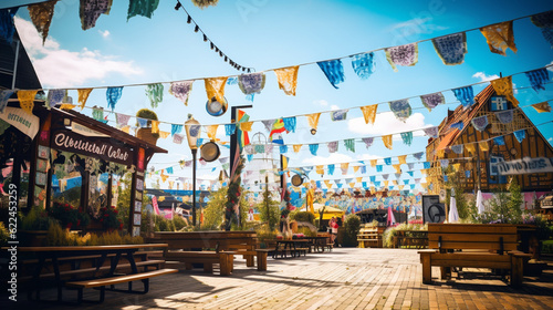 A vibrant display of Oktoberfest-themed decorations, including colorful bunting, flowers, and traditional symbols Generative AI