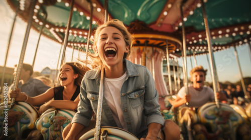 A group of friends enjoying a thrilling ride on a traditional Oktoberfest carousel, their laughter echoing through the air Generative AI