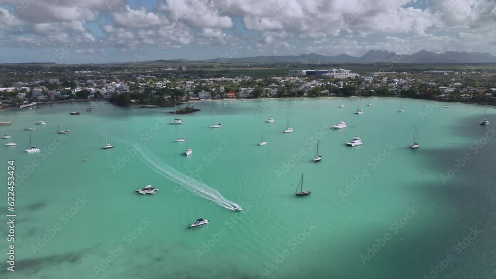 Yachts In The Luxurious Grand Bay, Mauritius, Aerial View Yachts In The Luxurious Grand Bay, Mauritius, Aerial View