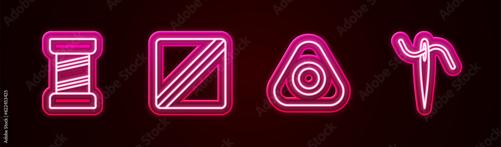 Set line Sewing thread, Pattern, chalk and Needle for sewing with. Glowing neon icon. Vector