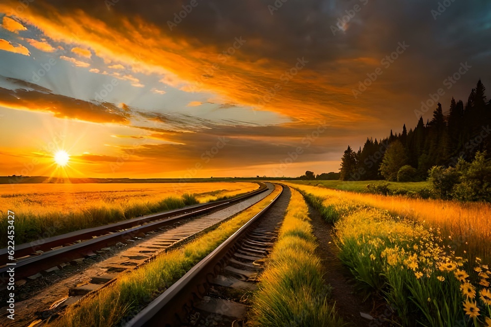 railway in the sunset