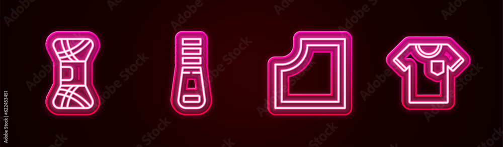 Set line Yarn, Zipper, Sewing Pattern and T-shirt. Glowing neon icon. Vector