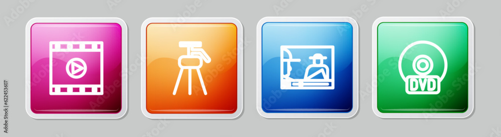 Set line Play Video, Tripod, Online play video and CD or DVD disk. Colorful square button. Vector Set line Play Video, Tripod, Online play video and CD or DVD disk. Colorful square button. Vector