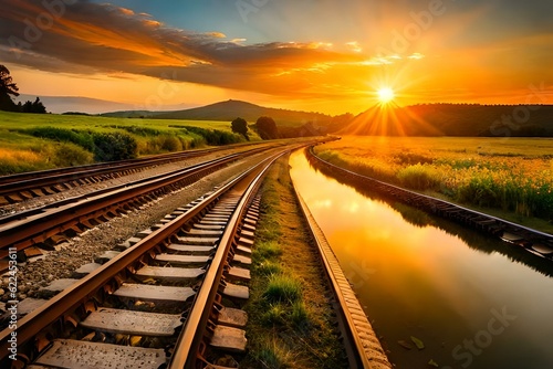Obraz na płótnie railway in the sunset generated by AI technology