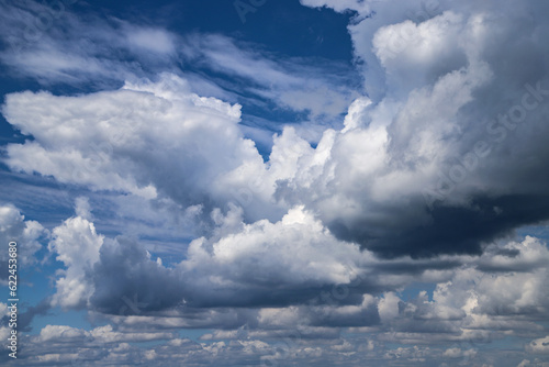 Blue dramatic moody sky with fluffy clouds as a natural background