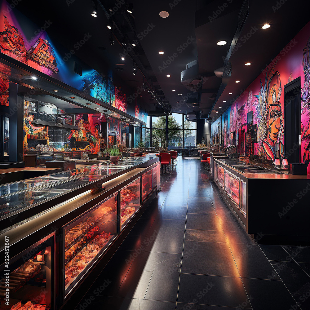 Retail interior layout with high ceilings and a modern or futuristic feel, perfect for a dispensary or bar Retail interior layout with high ceilings and a modern or futuristic feel, perfect for a dispensary or bar