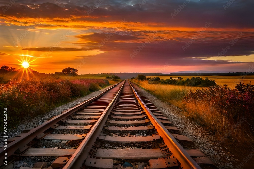 railroad tracks in the sunsetgenerated by AI technology