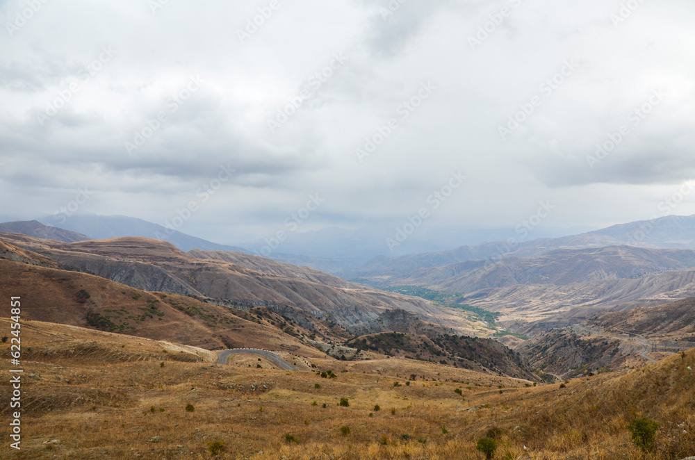 Beautiful view to valley and mountains from Vardenyats (or Selim) mountain pass in Armenia 