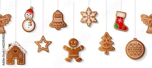 Fotografiet seamless christmas border with gingerbread cookies