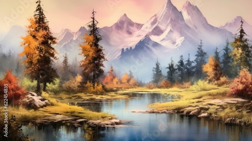 A stunning watercolor landscape masterpiece of majestic mountains towering over a tranquil lake.
