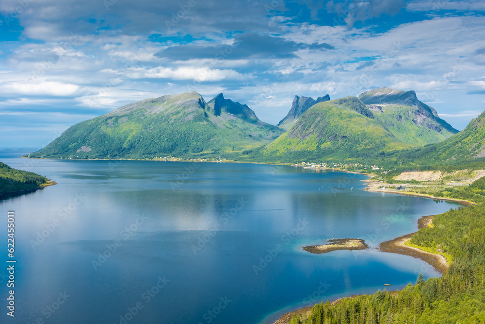 Beautiful landscape over the fjord of Senja Island from Bergsbotn Platform,  Norway