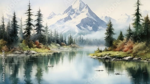 A stunning watercolor landscape masterpiece of majestic mountains towering over a tranquil lake. © Vitaly Art
