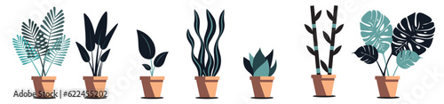 Set of different types of plants in pots with a white background.