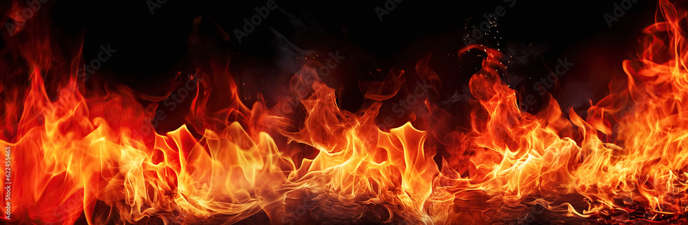 Fire flames on black background. fire flames and sparks with horizontal repetition on dark background, digital ai Fire flames on black background. fire flames and sparks with horizontal repetition on dark background, digital ai