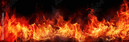 Fire flames on black background. fire flames and sparks with horizontal repetition on dark background, digital ai