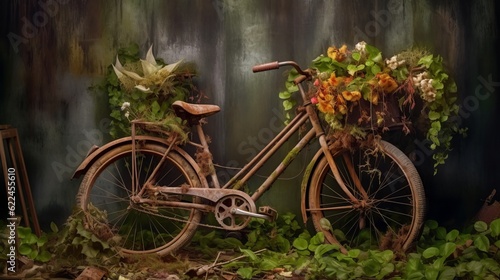 A Rusty Bike with a Basket Full of Iris and Ivy