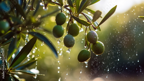 Branches with olives on a tree under the rain and sun.Generative AI