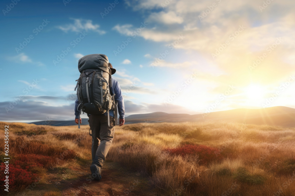 Hiker at sunset mountains with backpack. Outdoor vacation alone into the wild. Generative AI