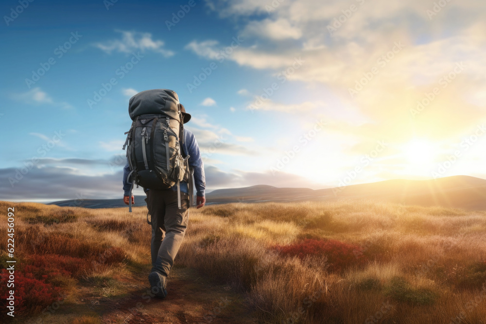 Hiker at sunset mountains with backpack. Outdoor vacation alone into the wild. Generative AI Hiker at sunset mountains with backpack. Outdoor vacation alone into the wild. Generative AI