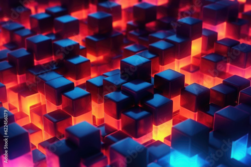 Cubes with neon glow on dark science technology background. Abstract background. Generative AI