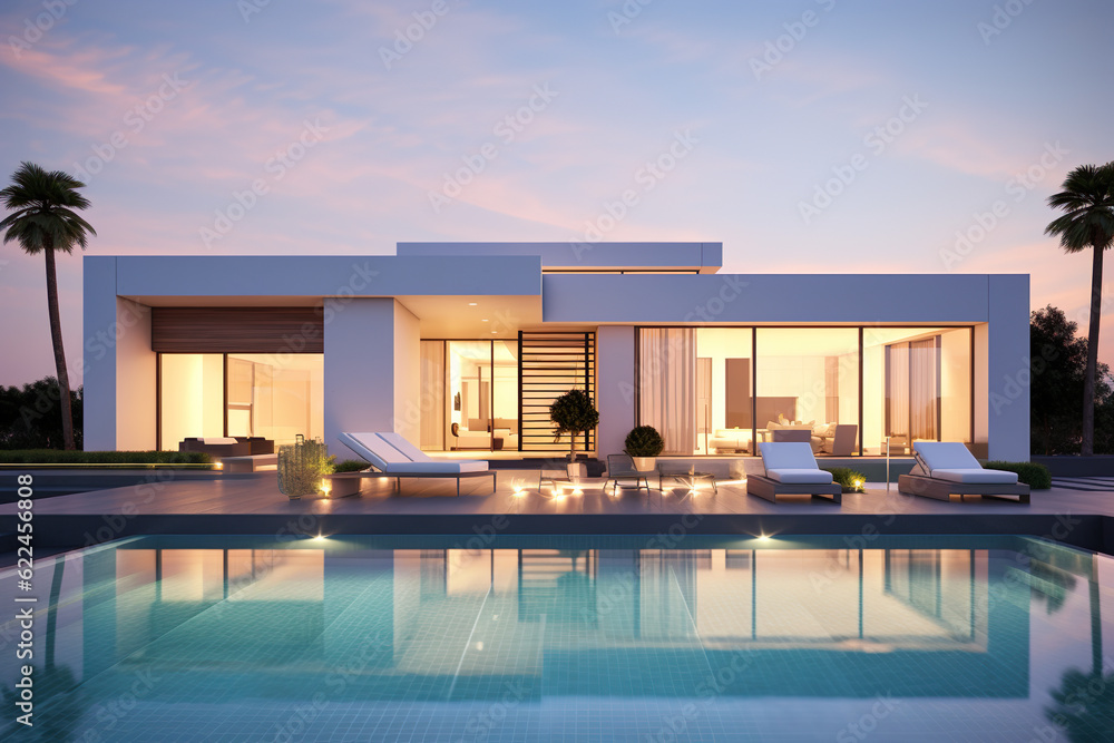 Exterior of modern minimalist cubic villa with swimming pool at sunset | Generative AI Exterior of modern minimalist cubic villa with swimming pool at sunset | Generative AI
