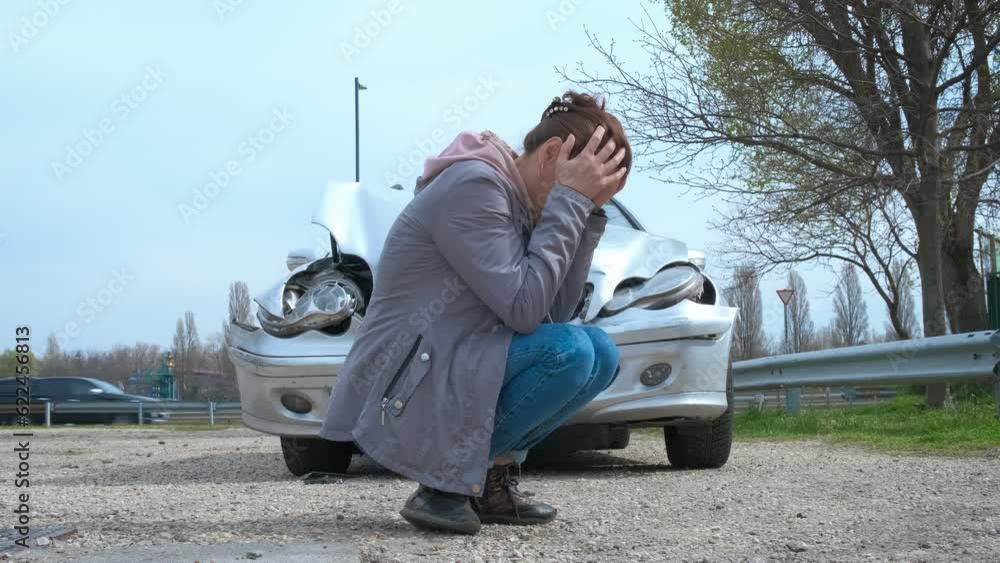 Feel sad by wrecked car. A woman driver feel stressed and hopelessness after her crashed car after accident. Feel sad by wrecked car. A woman driver feel stressed and hopelessness after her crashed car after accident.