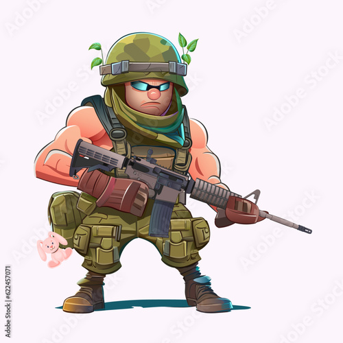 A comic character in the form of a soldier armed with a machine gun and with a toy rabbit hanging from his duffel bag