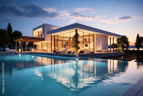 Exterior of modern minimalist cubic villa with swimming pool at sunset   Generative AI © Kay