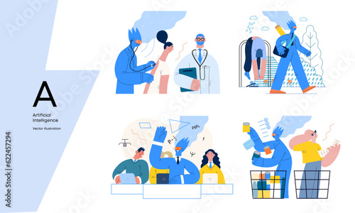 Artificial intelligence, modern flat vector concept illustrations of AI effectively replacing humans in they everyday life. Metaphor of AI advantage, superiority and dominance concept