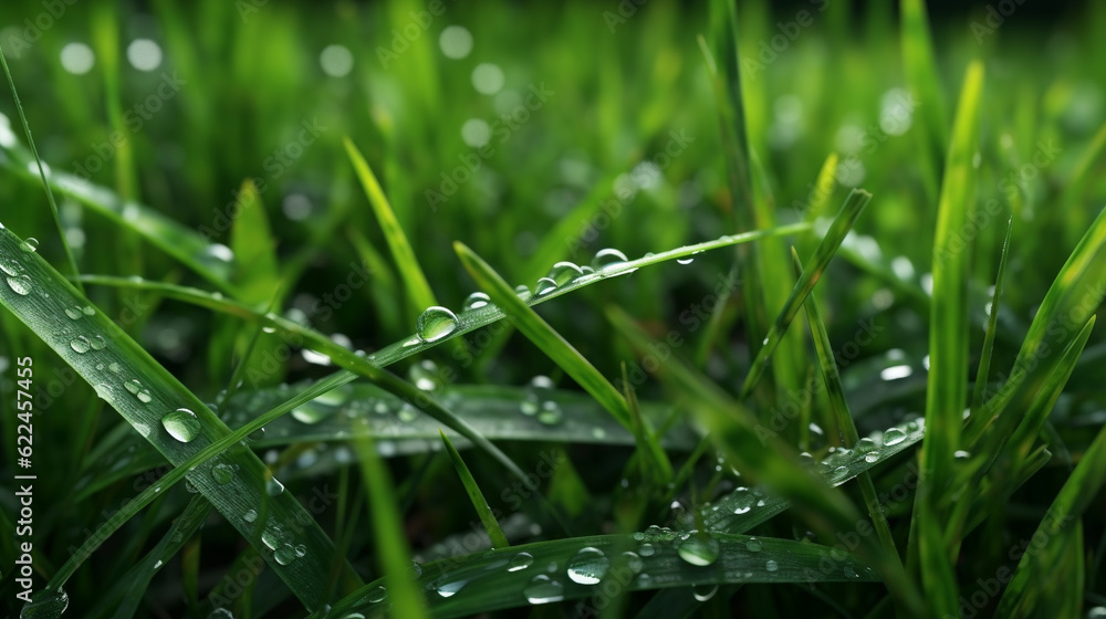 Closeup of lush uncut green grass with drops of dew in soft morning light, Created using generative AI tools. Closeup of lush uncut green grass with drops of dew in soft morning light, Created using generative AI tools.