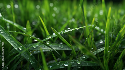 Closeup of lush uncut green grass with drops of dew in soft morning light,  Created using generative AI tools. photo
