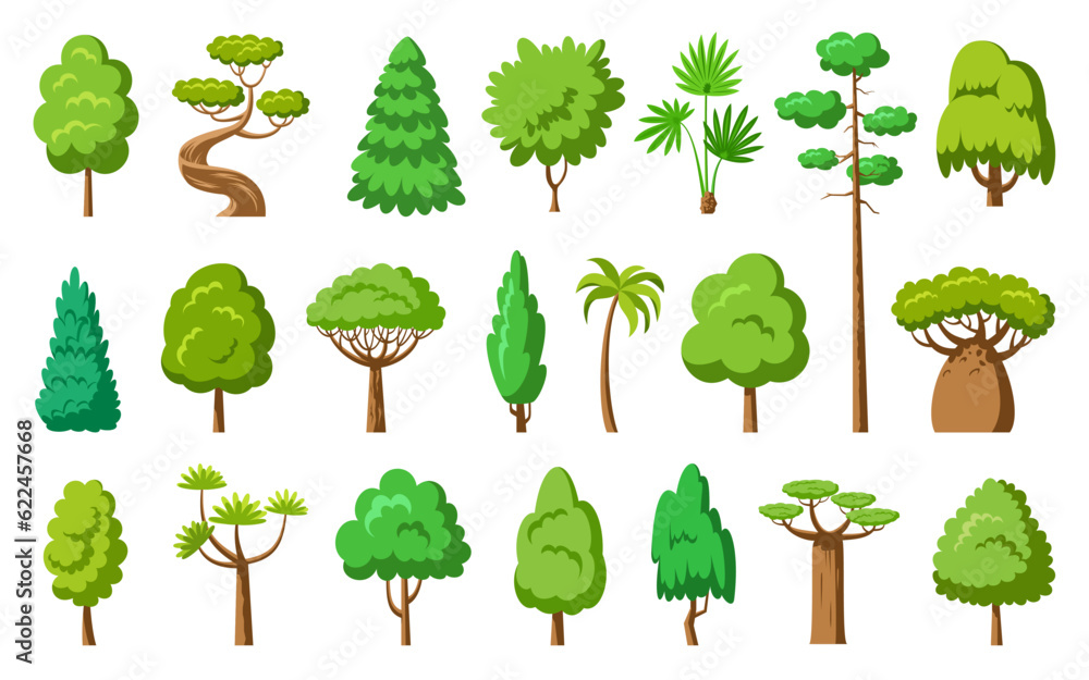 Fototapeta premium Flat tree set. Spruce maple baobab palm sequoia. Stylized eco plants side view. Dracaena willow cypress thuja pine oak poplar birch. Cartoon green trees forest. Aspen alder ash linden acacia chestnut