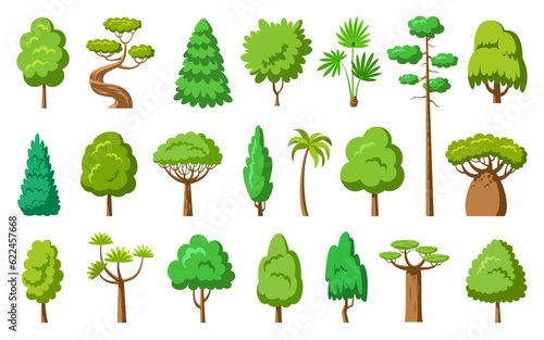Flat tree set. Spruce maple baobab palm sequoia. Stylized eco plants side view. Dracaena willow cypress thuja pine oak poplar birch. Cartoon green trees forest. Aspen alder ash linden acacia chestnut