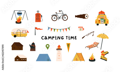 Traveling, camping vacation collection, road trip vector set. A tourist tent, a mobile camper, a car with a boat, trees.