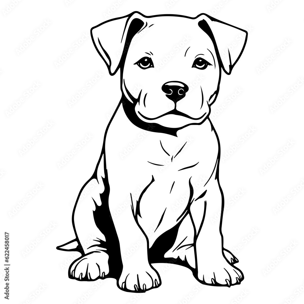 Cartoon Cute Puppy Coloring Page for Kids. Baby dog. American Pit Bull Terrier. Black and white vector illustration for coloring book