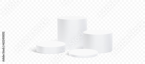 Circle podium stand, 3D cylindrical pedestal display isolated on background. Vector column platform pillar for display product