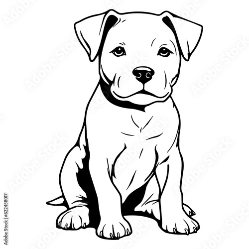 Cartoon Cute Puppy Coloring Page for Kids. Baby dog. American Pit Bull Terrier. Black and white vector illustration for coloring book